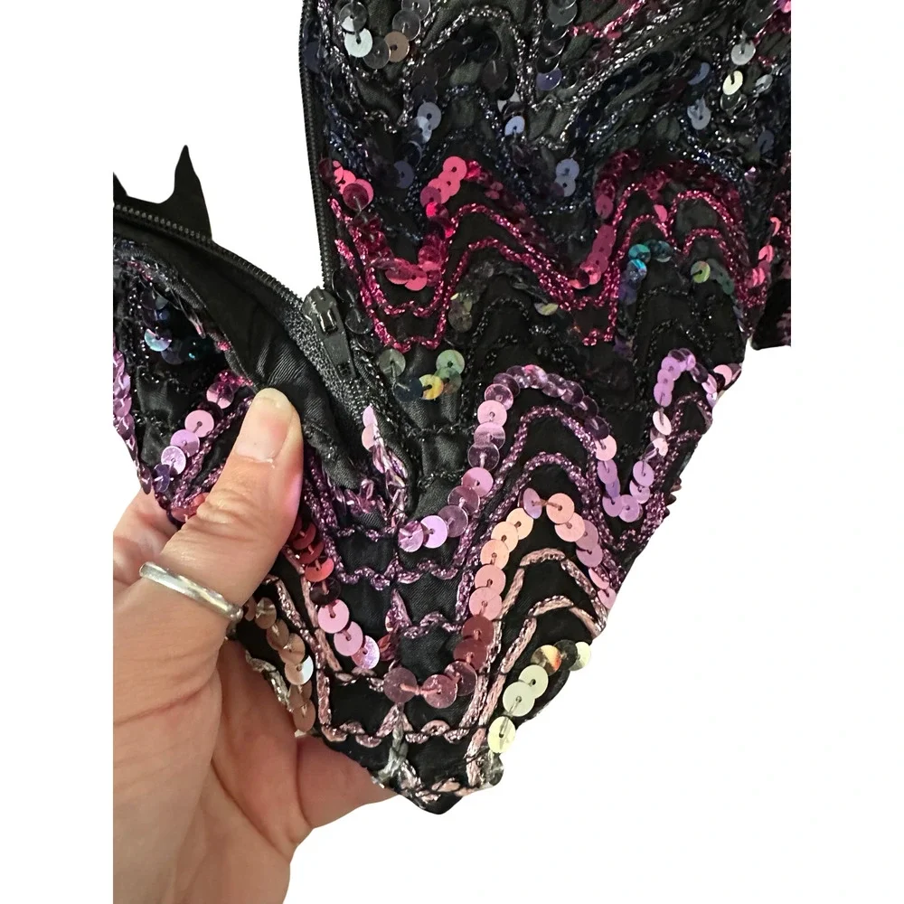 80s Pink Sequin Black Mesh Party Blouse SM/MED